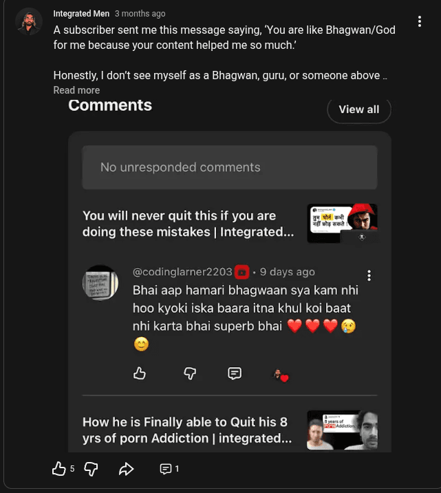 Screenshot of a community member sharing how Integrated Men content helped him