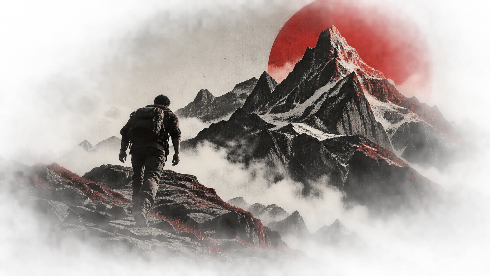 A man climbing a rocky ridge toward a red-lit mountain peak
